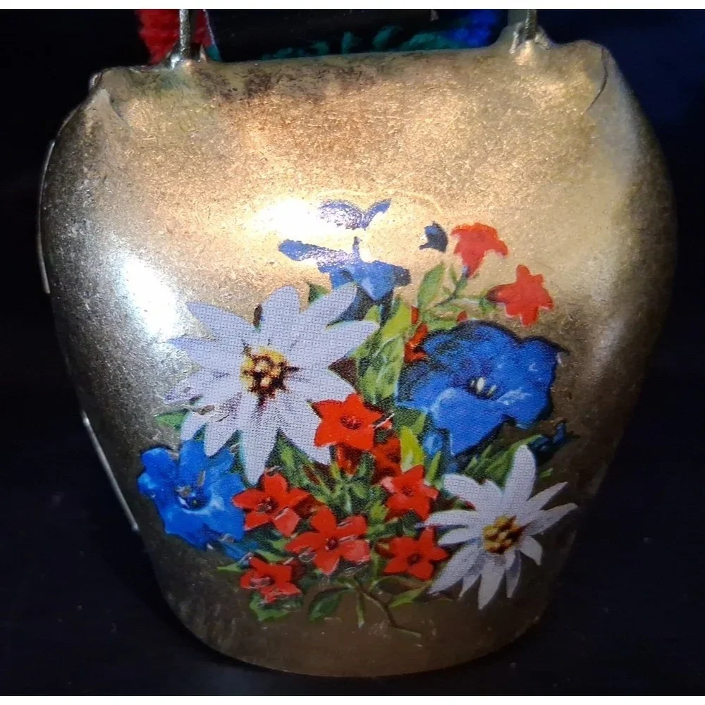 Mid Century Swiss Cow‎ Bell with Floral Design w/ Fringe on a Leather Strap